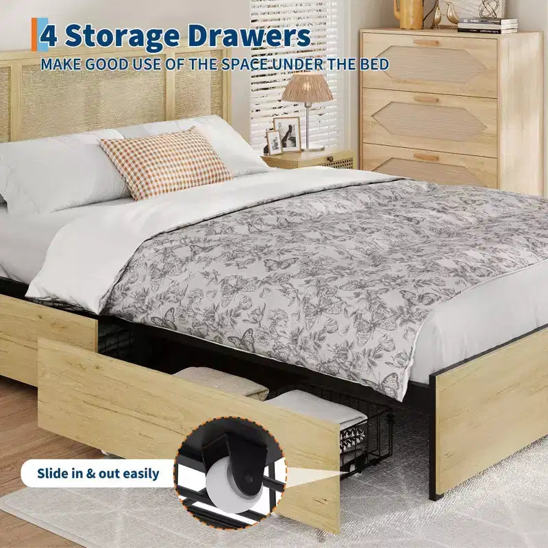 Struttura Letto con Testiera in Rattan Naturale, 4 Cassetti Contenitore, Doghe, Supporto Materasso in Rattan Stile Bohemien, Robusta Base in Metallo con Resistente Struttura in Legno