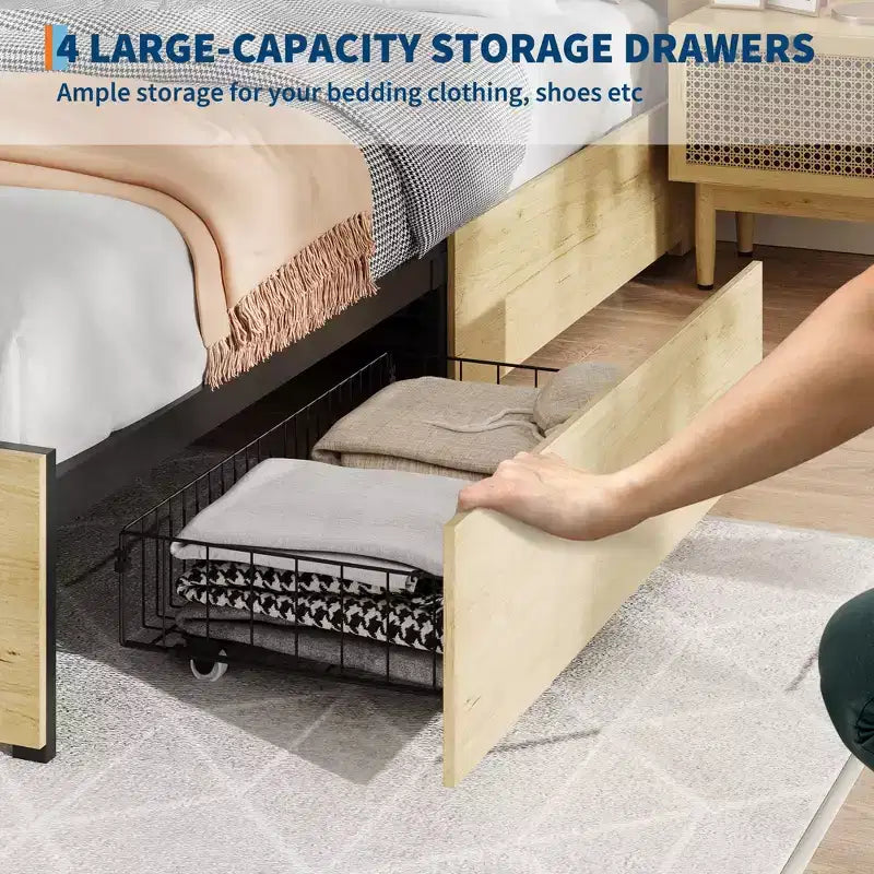 Struttura Letto con Testiera in Rattan Naturale, 4 Cassetti Contenitore, Doghe, Supporto Materasso in Rattan Stile Bohemien, Robusta Base in Metallo con Resistente Struttura in Legno