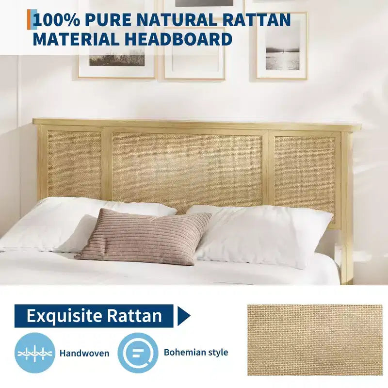 Struttura Letto con Testiera in Rattan Naturale, 4 Cassetti Contenitore, Doghe, Supporto Materasso in Rattan Stile Bohemien, Robusta Base in Metallo con Resistente Struttura in Legno