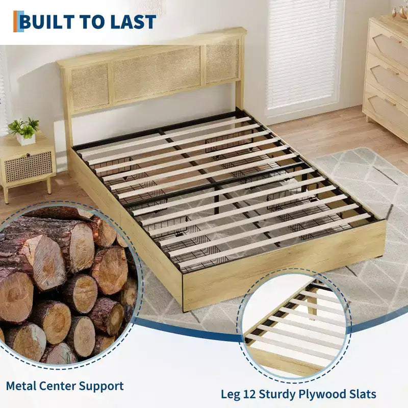 Struttura Letto con Testiera in Rattan Naturale, 4 Cassetti Contenitore, Doghe, Supporto Materasso in Rattan Stile Bohemien, Robusta Base in Metallo con Resistente Struttura in Legno