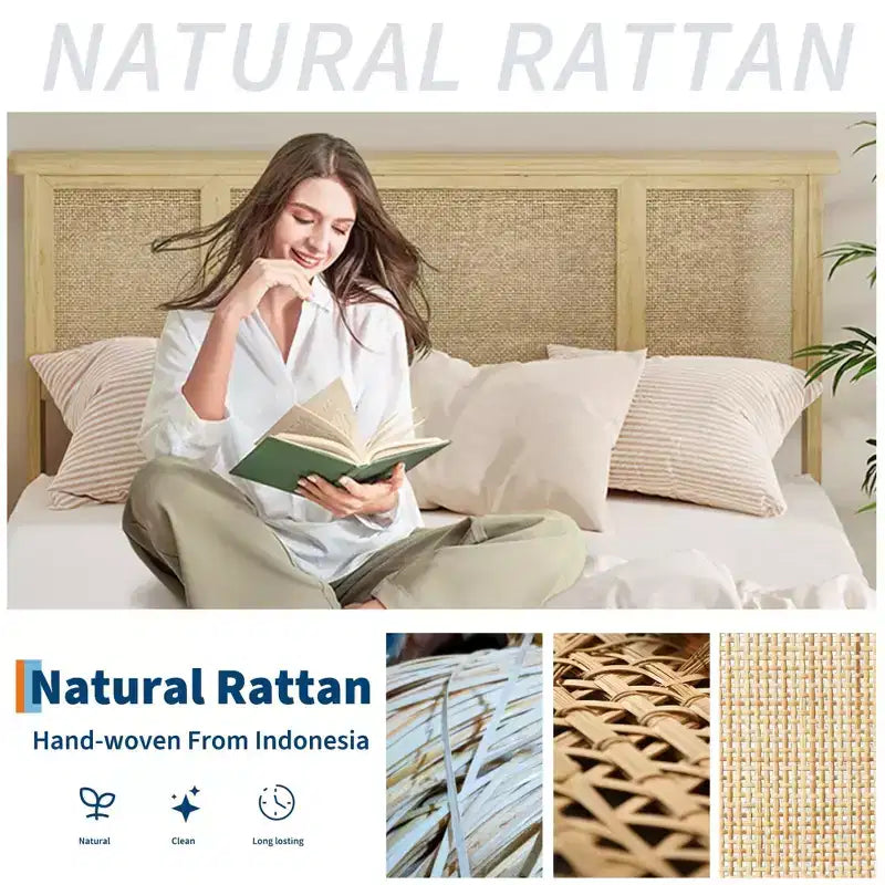 Struttura Letto con Testiera in Rattan Naturale, 4 Cassetti Contenitore, Doghe, Supporto Materasso in Rattan Stile Bohemien, Robusta Base in Metallo con Resistente Struttura in Legno
