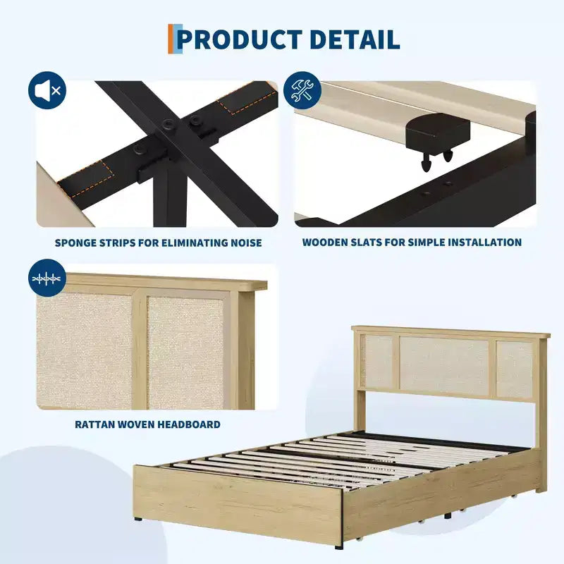 Struttura Letto con Testiera in Rattan Naturale, 4 Cassetti Contenitore, Doghe, Supporto Materasso in Rattan Stile Bohemien, Robusta Base in Metallo con Resistente Struttura in Legno