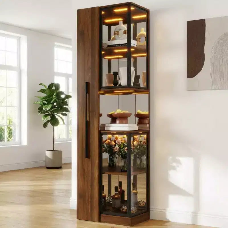 70 Tall Display Cabinet with Glass Door, 5 Tier Wood Freestanding Curio Cabinet, Display Bookshelf for Home Office