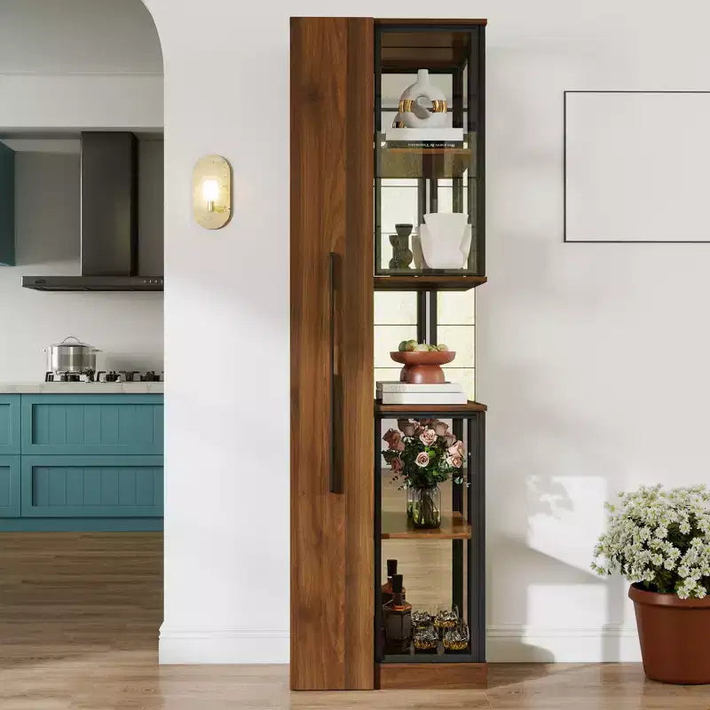Vetrinetta alta 70", con anta in vetro, 5 ripiani in legno, mobiletto indipendente, espositore per libri per ufficio in casa