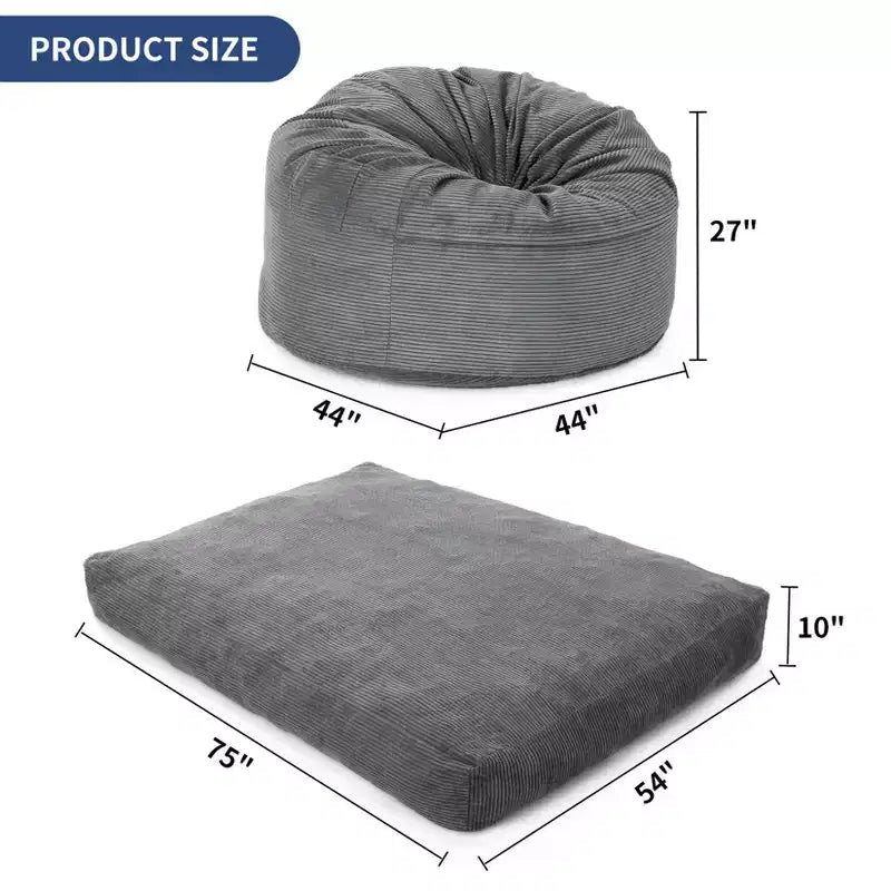 Poltrona sacco letto convertibile, divano a pavimento 2-in-1 in velluto a coste e materasso per ospiti con fodera rimovibile