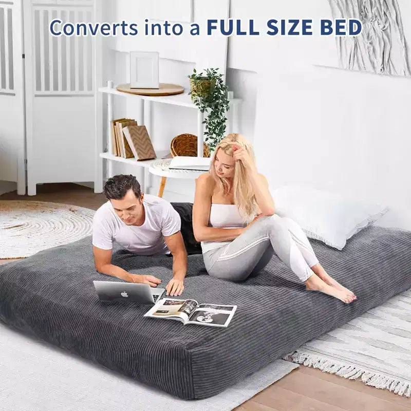 Poltrona sacco letto convertibile, divano a pavimento 2-in-1 in velluto a coste e materasso per ospiti con fodera rimovibile