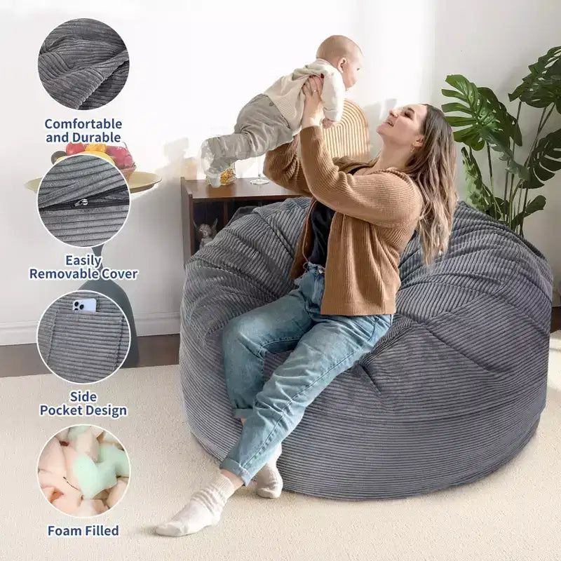 Poltrona sacco letto convertibile, divano a pavimento 2-in-1 in velluto a coste e materasso per ospiti con fodera rimovibile
