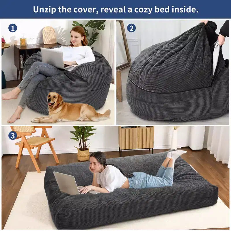 Poltrona sacco letto convertibile, divano a pavimento 2-in-1 in velluto a coste e materasso per ospiti con fodera rimovibile