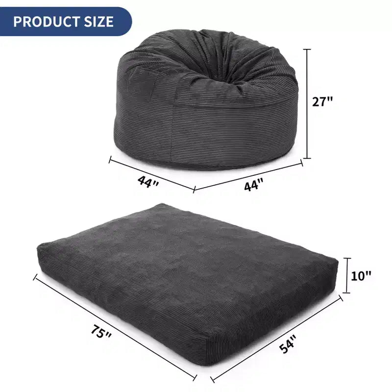 Poltrona sacco letto convertibile, divano a pavimento 2-in-1 in velluto a coste e materasso per ospiti con fodera rimovibile