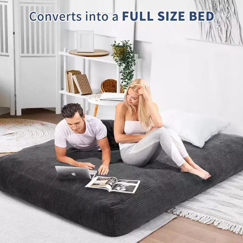 Poltrona sacco letto convertibile, divano a pavimento 2-in-1 in velluto a coste e materasso per ospiti con fodera rimovibile