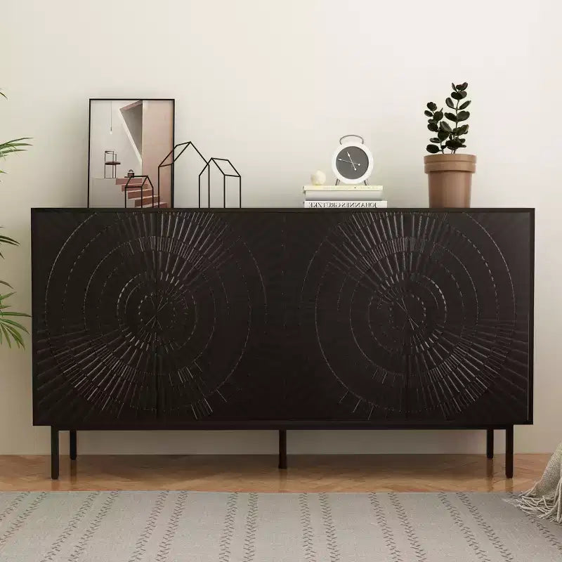 JVNOXK Modern Black Wooden Sideboard, Kitchen Storage Cabinet with Adjustable Shelves and Vacuum-Formed Door Design, Suitable for Kitchens, Black