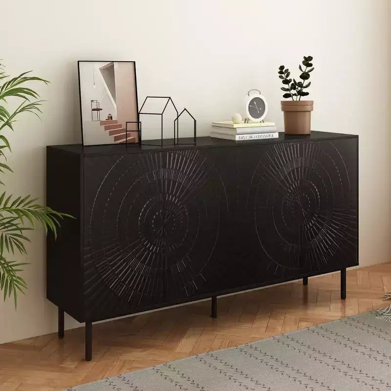 Madia moderna in legno nero, mobile contenitore da cucina con ripiani regolabili e anta con design termoformato, nero