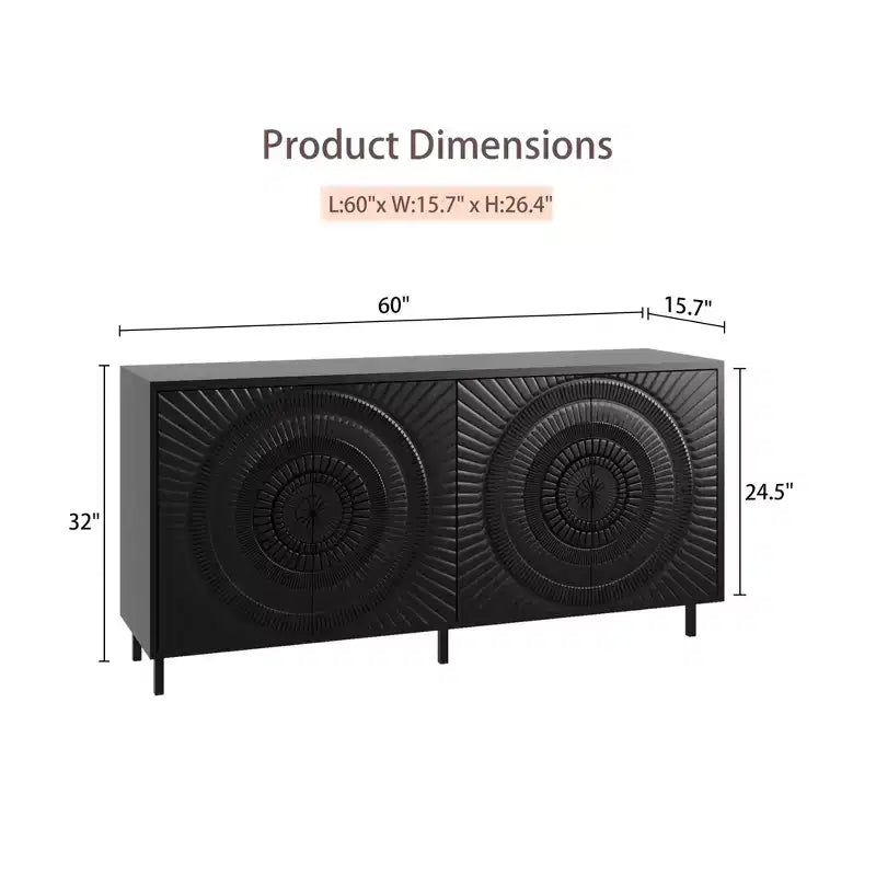 Madia moderna in legno nero, mobile contenitore da cucina con ripiani regolabili e anta con design termoformato, nero
