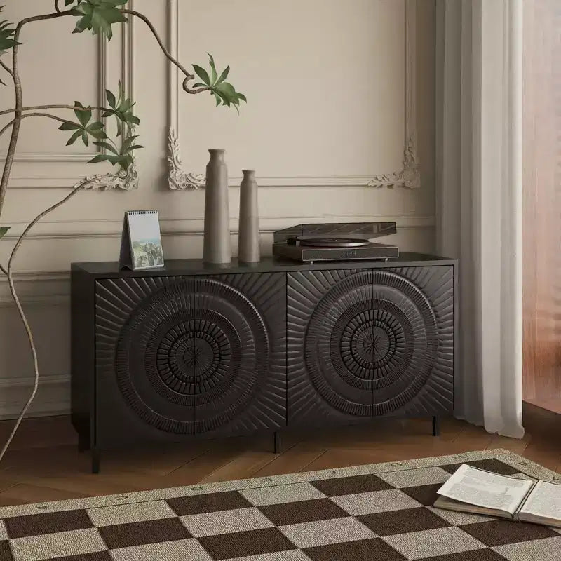Madia moderna in legno nero, mobile contenitore da cucina con ripiani regolabili e anta con design termoformato, nero