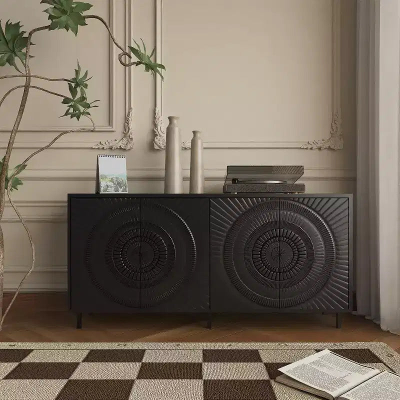 Madia moderna in legno nero, mobile contenitore da cucina con ripiani regolabili e anta con design termoformato, nero
