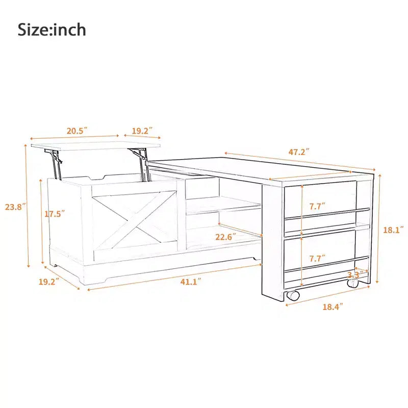 Tavolino da caffè sollevabile da 47'', tavolino centrale rettangolare in legno con contenitore nascosto, tavolino da cocktail espandibile per soggiorno, camera da letto, ufficio