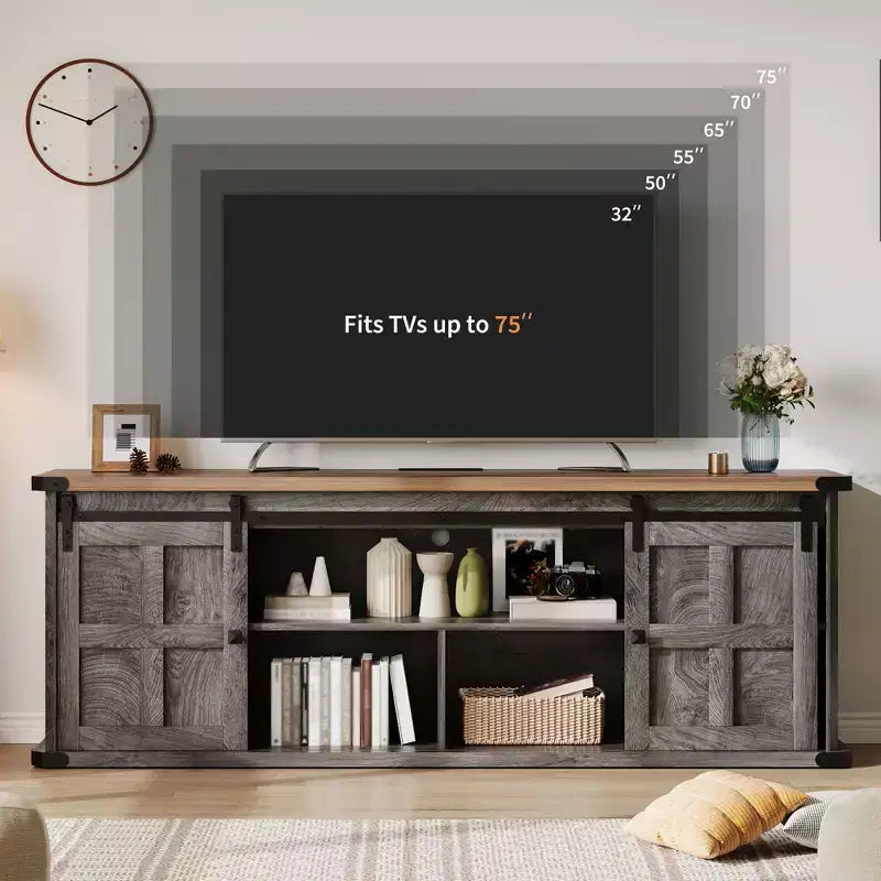 Mobile porta TV rustico per TV da 75 pollici con presa di corrente, lungo mobile TV con ante scorrevoli a persiana per soggiorno, camera da letto, nero bianco