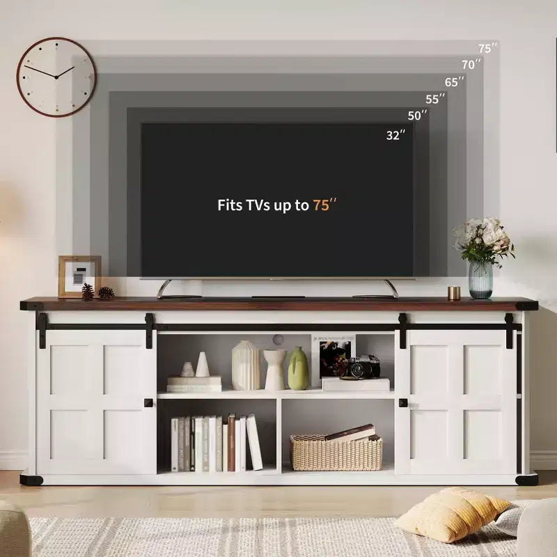 Mobile porta TV rustico per TV da 75 pollici con presa di corrente, lungo mobile TV con ante scorrevoli a persiana per soggiorno, camera da letto, nero bianco
