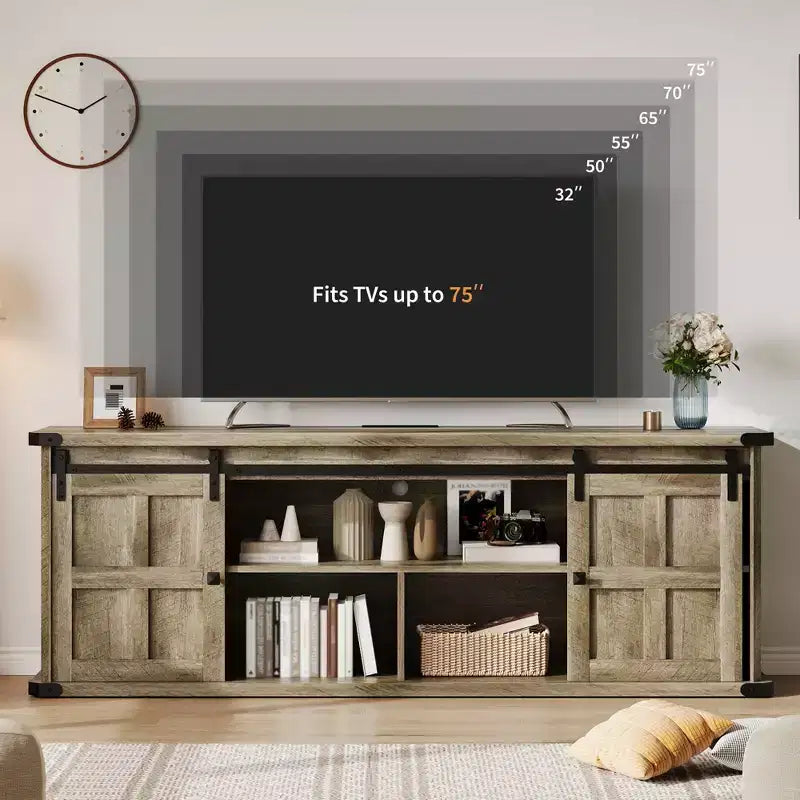Mobile porta TV rustico per TV da 75 pollici con presa di corrente, lungo mobile TV con ante scorrevoli a persiana per soggiorno, camera da letto, nero bianco
