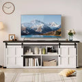 Farmhouse TV Stand for 75 inch TVs with Power Outlet, Long Entertainment Center with Sliding Barn Doors for Living Room, Bedroom, Black white