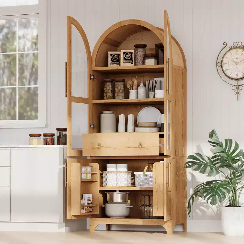 Dispensa da cucina alta ad arco da 71 pollici, armadio di stoccaggio indipendente con anta in vetro, mobile da bar per caffè per cucina, sala da pranzo