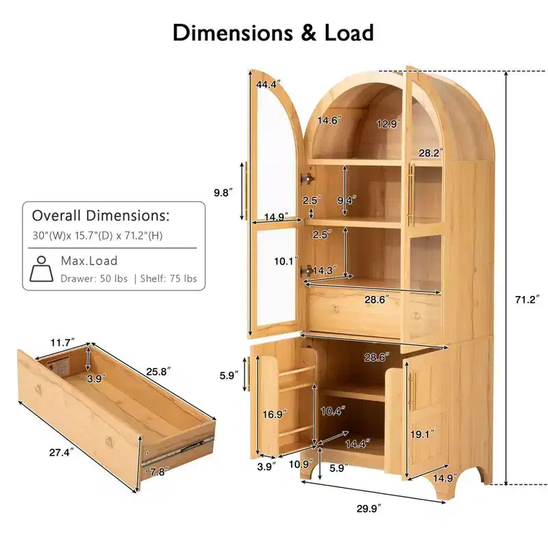 Dispensa da cucina alta ad arco da 71 pollici, armadio di stoccaggio indipendente con anta in vetro, mobile da bar per caffè per cucina, sala da pranzo