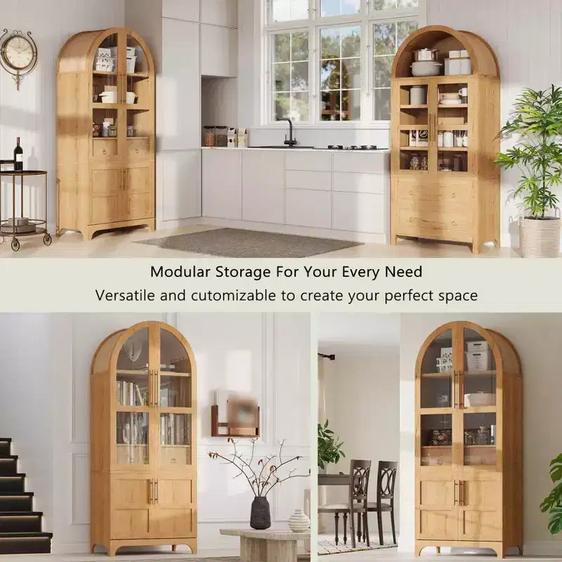 Dispensa da cucina alta ad arco da 71 pollici, armadio di stoccaggio indipendente con anta in vetro, mobile da bar per caffè per cucina, sala da pranzo