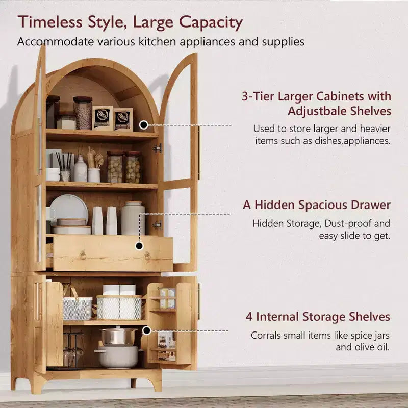 Dispensa da cucina alta ad arco da 71 pollici, armadio di stoccaggio indipendente con anta in vetro, mobile da bar per caffè per cucina, sala da pranzo