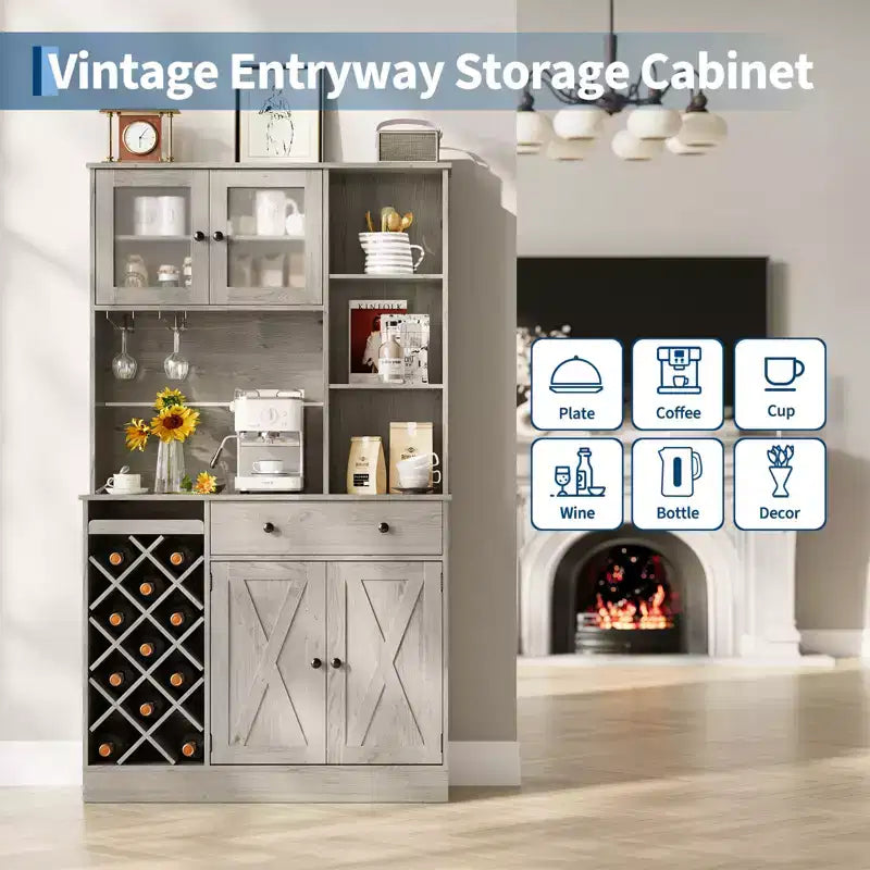 Mobile Bar per Vini con Prese di Corrente, Dispensa, Portabottiglie, Credenza, Mobile Porta Microonde per Cucina Sala da Pranzo Soggiorno