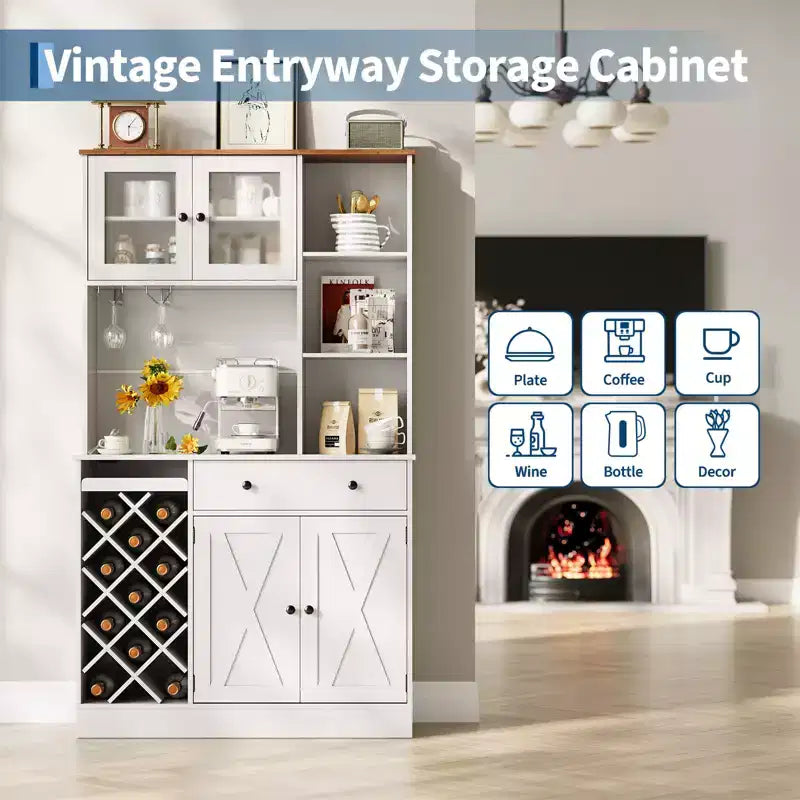 Mobile Bar per Vini con Prese di Corrente, Dispensa, Portabottiglie, Credenza, Mobile Porta Microonde per Cucina Sala da Pranzo Soggiorno