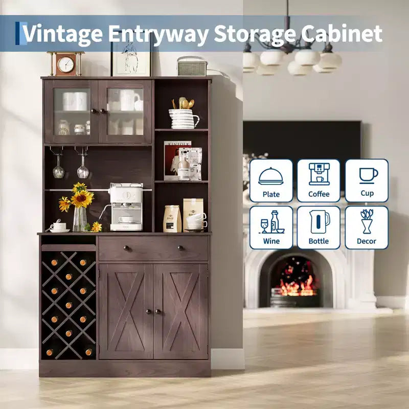 Mobile Bar per Vini con Prese di Corrente, Dispensa, Portabottiglie, Credenza, Mobile Porta Microonde per Cucina Sala da Pranzo Soggiorno