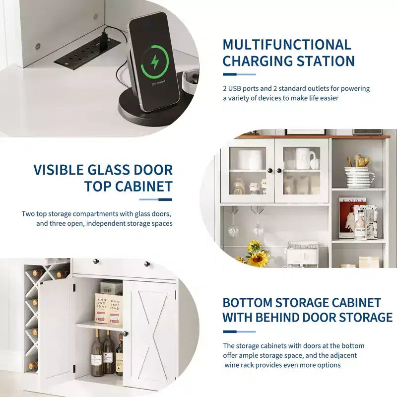 Mobile Bar per Vini con Prese di Corrente, Dispensa, Portabottiglie, Credenza, Mobile Porta Microonde per Cucina Sala da Pranzo Soggiorno