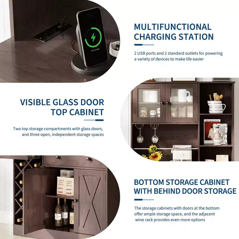 Mobile Bar per Vini con Prese di Corrente, Dispensa, Portabottiglie, Credenza, Mobile Porta Microonde per Cucina Sala da Pranzo Soggiorno