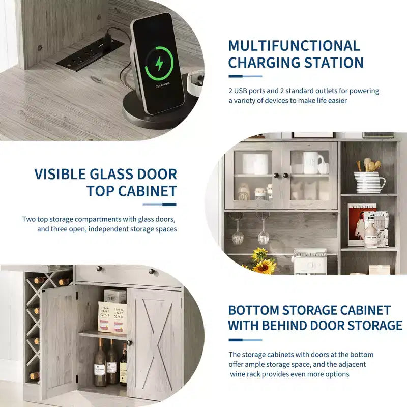 Mobile Bar per Vini con Prese di Corrente, Dispensa, Portabottiglie, Credenza, Mobile Porta Microonde per Cucina Sala da Pranzo Soggiorno