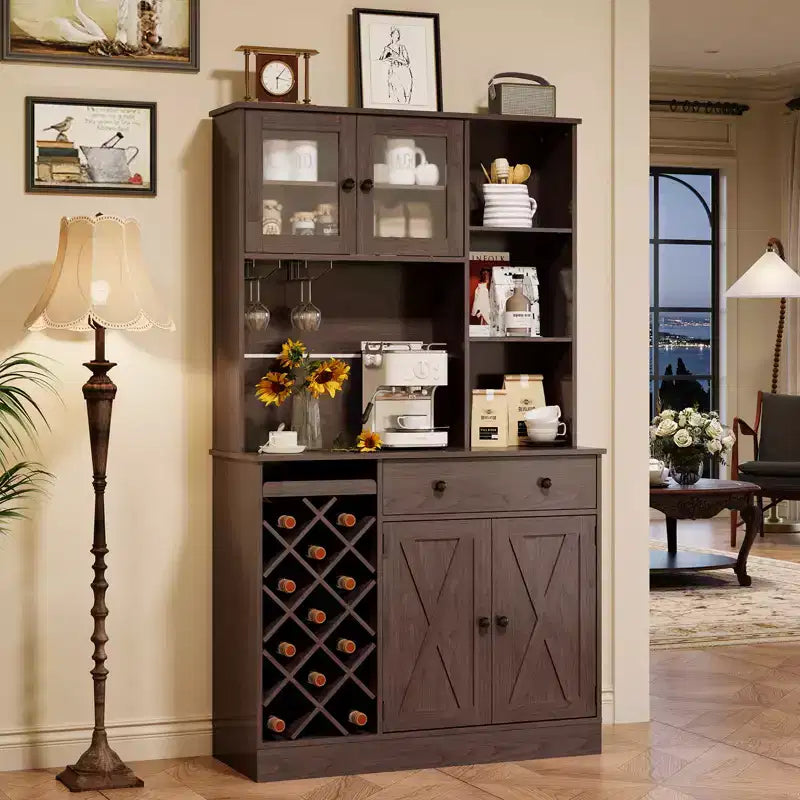 Wine Bar Cabinet with Power Outlets, Pantry Cabinet, Wine Bottle Rack, Buffet Sideboard Storage, Microwave Rack for Kitchen Dining Room Living Room