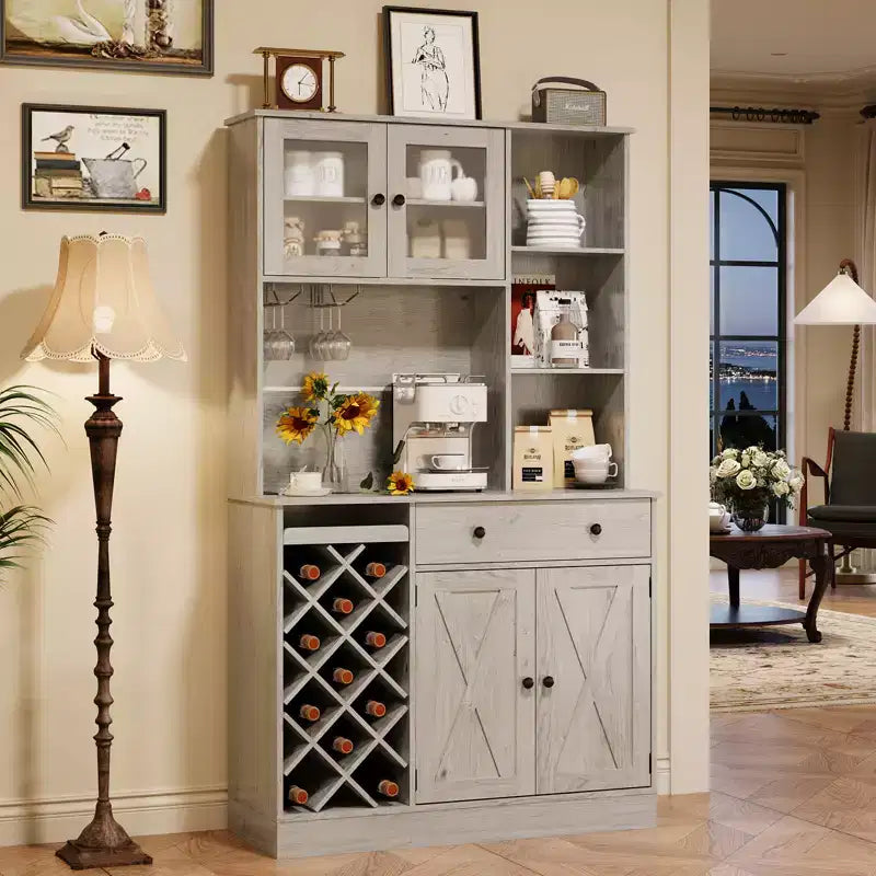 Mobile Bar per Vini con Prese di Corrente, Dispensa, Portabottiglie, Credenza, Mobile Porta Microonde per Cucina Sala da Pranzo Soggiorno