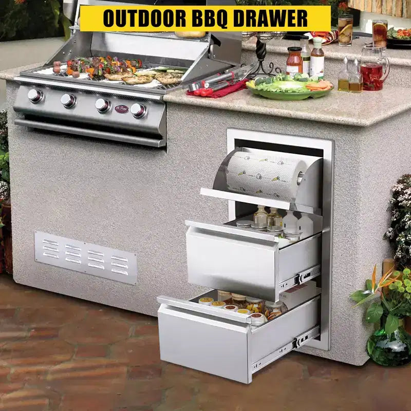 Cassetto da Esterno in Acciaio Inox, Contenitore Antiruggine Resistente alle Intemperie con Guide a Chiusura Ammortizzata per Cucina Barbecue
