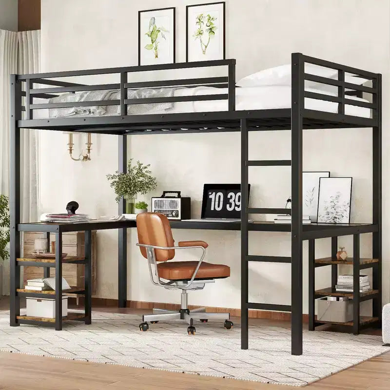Letto a soppalco matrimoniale XL in metallo con scrivania e mensole, scala e sponde di protezione, nero