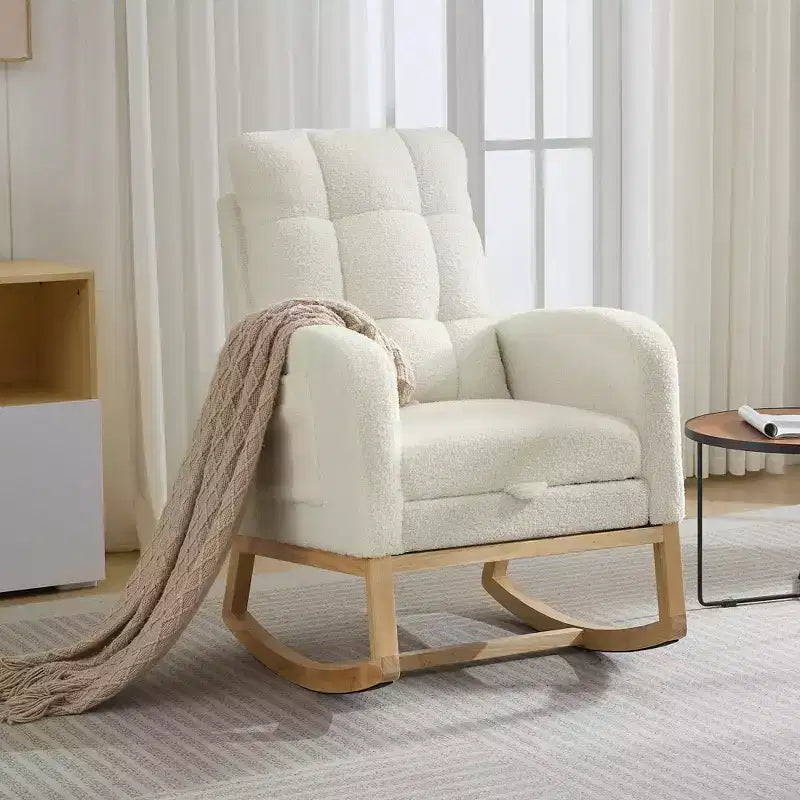 Moderna Sedia a Dondolo per Asilo Nido, Poltrona Reclinabile Comoda con Tasca Laterale, Poggiapiedi, Dondolo con Braccioli Imbottiti Stile Mid-Century per Soggiorno, Camera da Letto