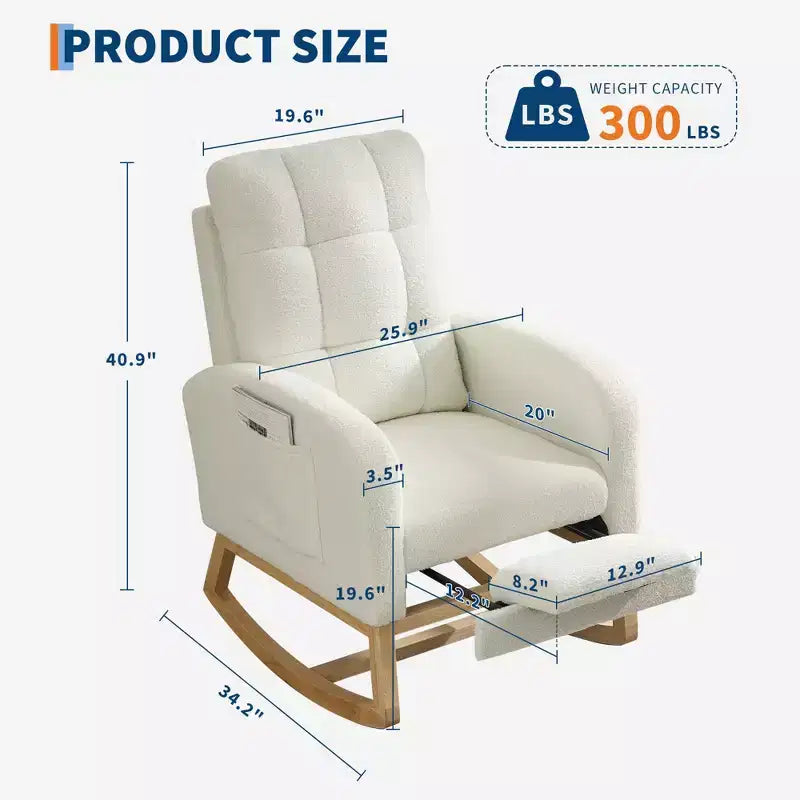 Moderna Sedia a Dondolo per Asilo Nido, Poltrona Reclinabile Comoda con Tasca Laterale, Poggiapiedi, Dondolo con Braccioli Imbottiti Stile Mid-Century per Soggiorno, Camera da Letto