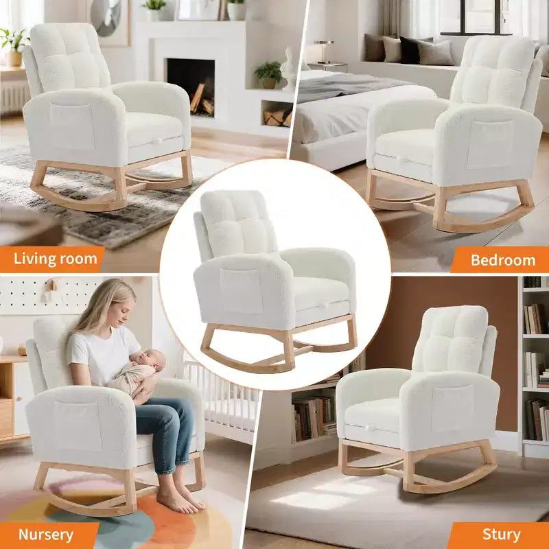Moderna Sedia a Dondolo per Asilo Nido, Poltrona Reclinabile Comoda con Tasca Laterale, Poggiapiedi, Dondolo con Braccioli Imbottiti Stile Mid-Century per Soggiorno, Camera da Letto