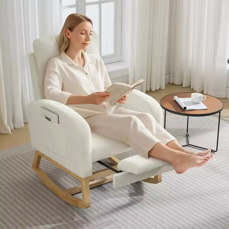 Moderna Sedia a Dondolo per Asilo Nido, Poltrona Reclinabile Comoda con Tasca Laterale, Poggiapiedi, Dondolo con Braccioli Imbottiti Stile Mid-Century per Soggiorno, Camera da Letto
