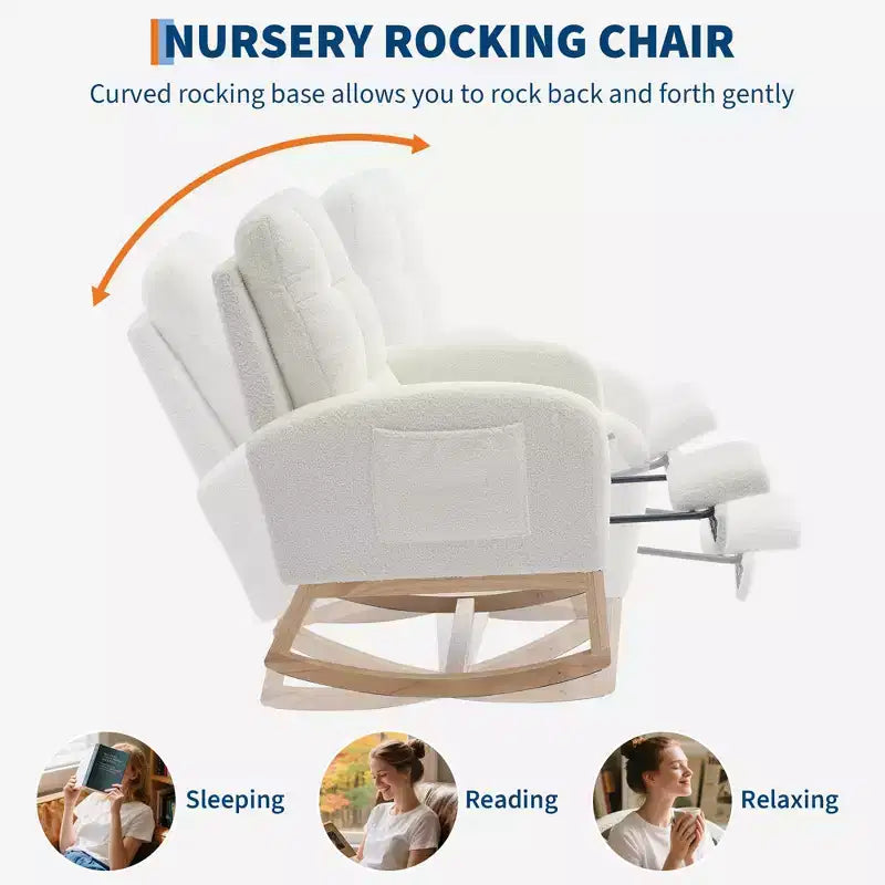Moderna Sedia a Dondolo per Asilo Nido, Poltrona Reclinabile Comoda con Tasca Laterale, Poggiapiedi, Dondolo con Braccioli Imbottiti Stile Mid-Century per Soggiorno, Camera da Letto