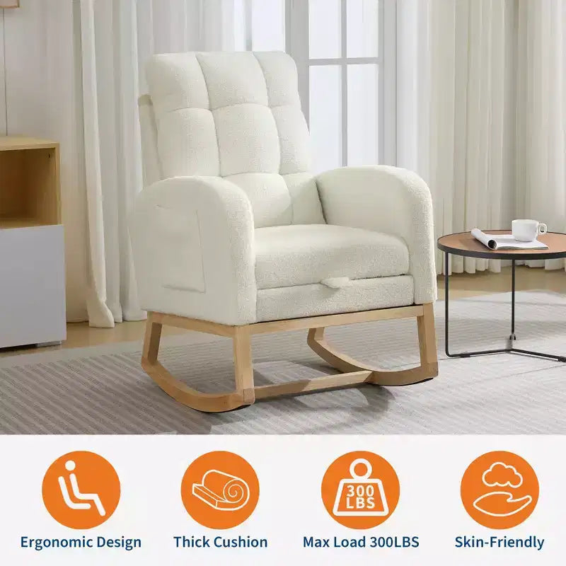 Moderna Sedia a Dondolo per Asilo Nido, Poltrona Reclinabile Comoda con Tasca Laterale, Poggiapiedi, Dondolo con Braccioli Imbottiti Stile Mid-Century per Soggiorno, Camera da Letto