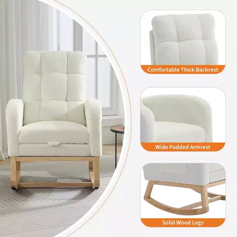 Moderna Sedia a Dondolo per Asilo Nido, Poltrona Reclinabile Comoda con Tasca Laterale, Poggiapiedi, Dondolo con Braccioli Imbottiti Stile Mid-Century per Soggiorno, Camera da Letto
