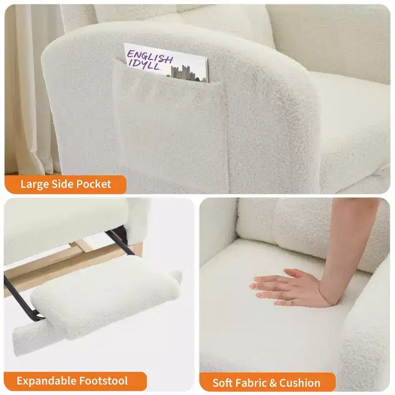 Moderna Sedia a Dondolo per Asilo Nido, Poltrona Reclinabile Comoda con Tasca Laterale, Poggiapiedi, Dondolo con Braccioli Imbottiti Stile Mid-Century per Soggiorno, Camera da Letto