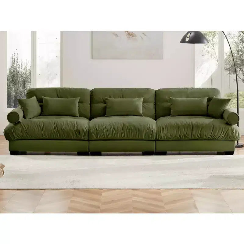 MAYEERTY Extra large 3 Seat Modern Velvet Sofa Cloud Like Comfortable Seat and Back Support with Waist Pillows and Throw Pillows Olive Green