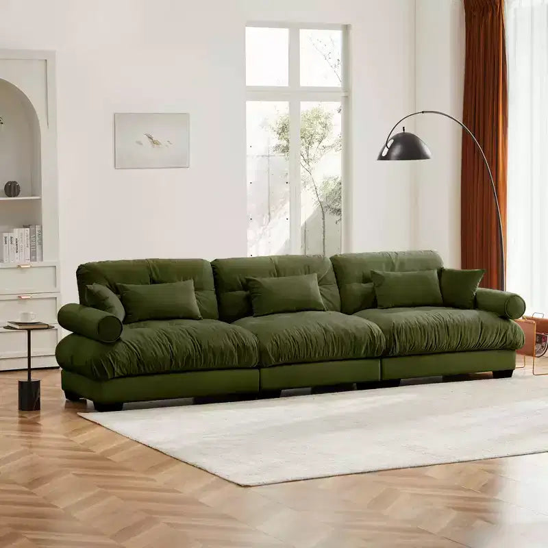 Divano Moderno Extra Large a 3 Posti in Velluto con Cuscini Lombari e Cuscini Decorativi, Verde Oliva