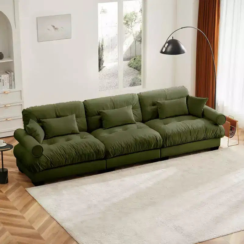 Divano Moderno Extra Large a 3 Posti in Velluto con Cuscini Lombari e Cuscini Decorativi, Verde Oliva
