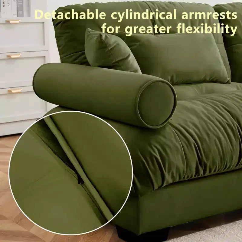 Divano Moderno Extra Large a 3 Posti in Velluto con Cuscini Lombari e Cuscini Decorativi, Verde Oliva